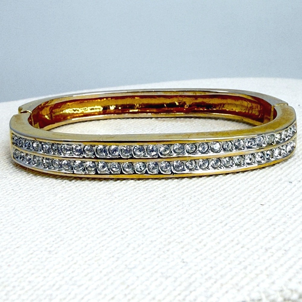 Double Row Crystal Hinged Bangle Bracelet Rectangular Stackable Gold Tone